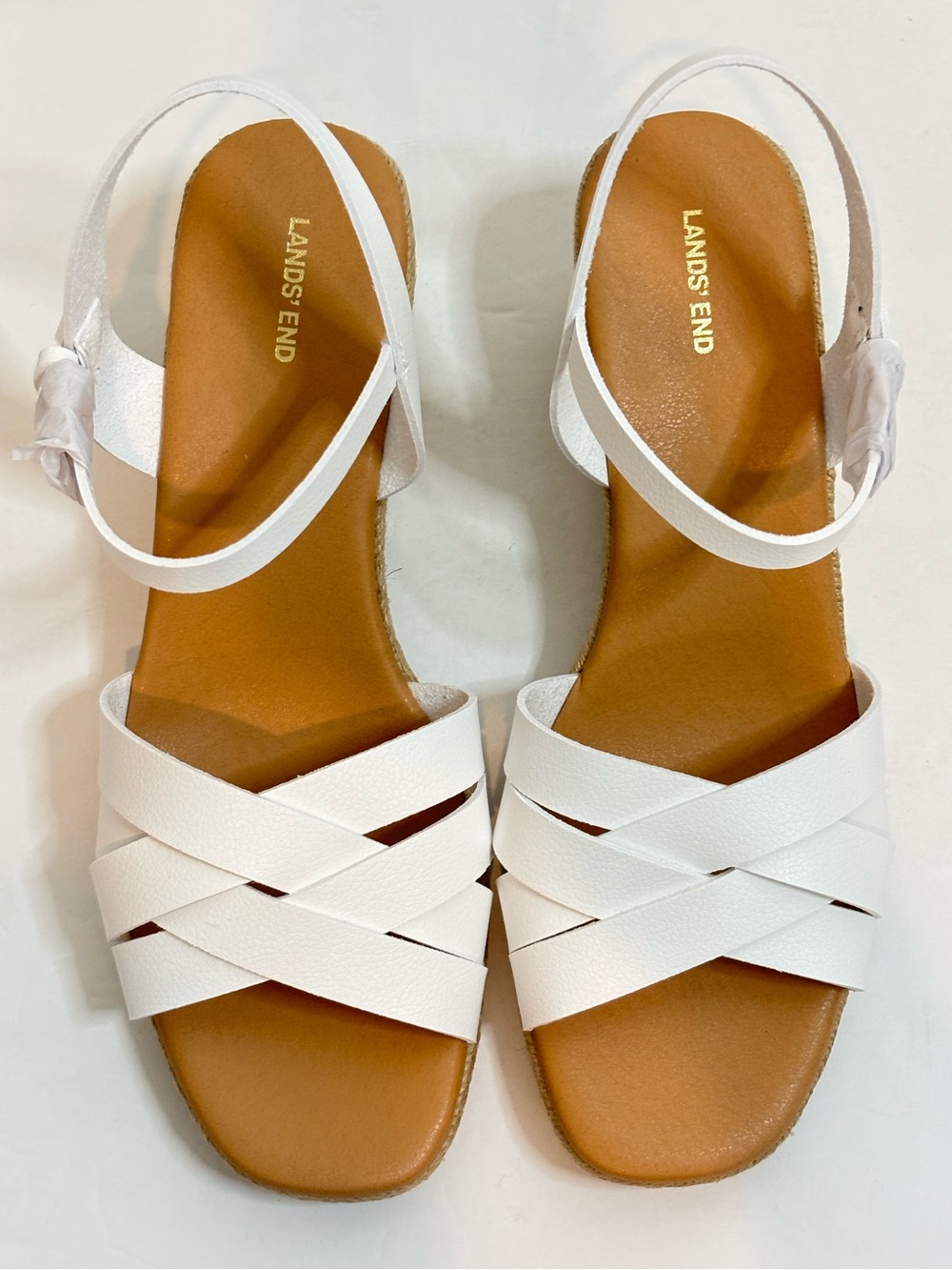 NWT Lands' End White Leather Strappy Espadrille Wedge Sandals 10 - Picture 2 of 10